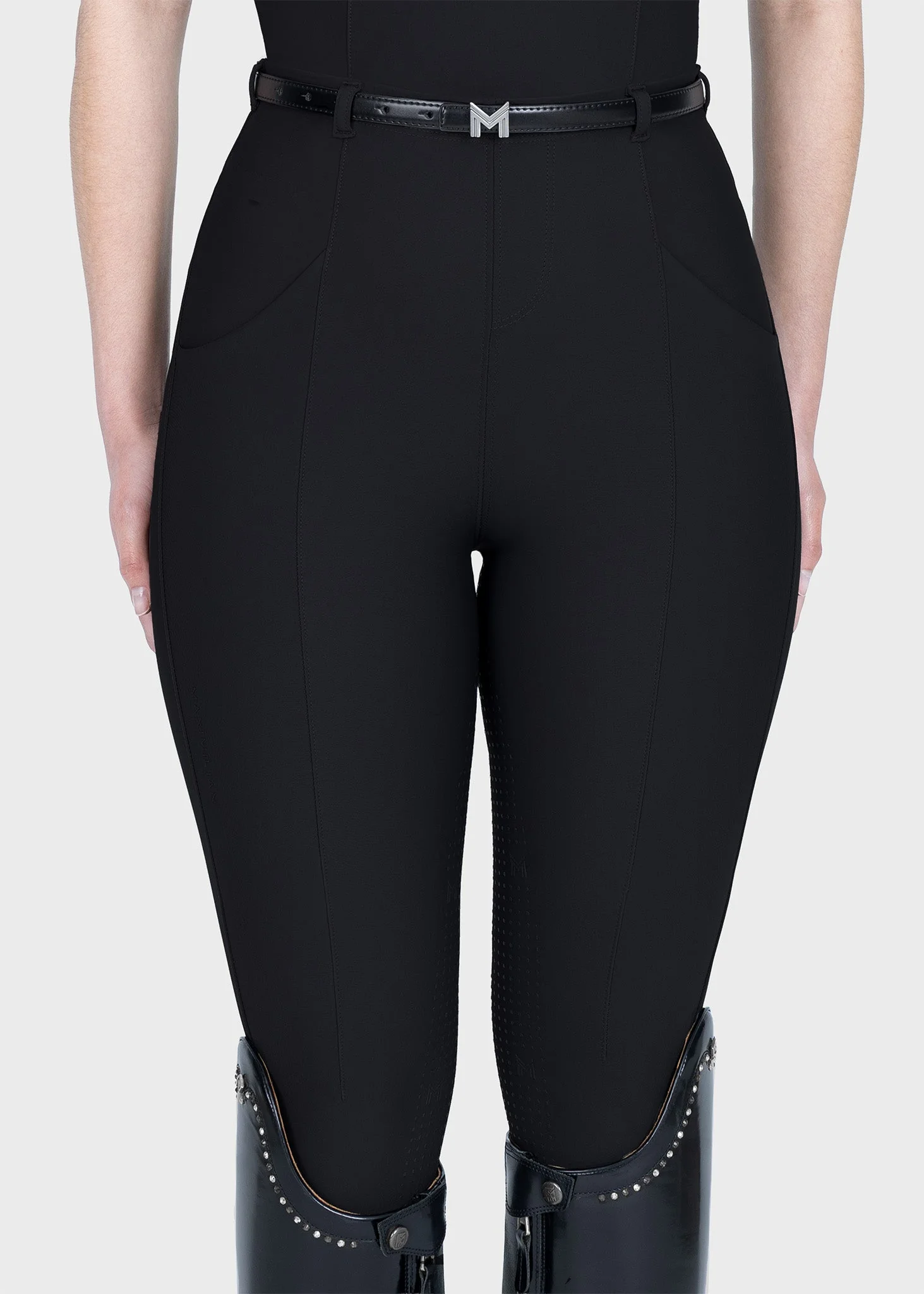 CALÇAS DE EQUITAÇÃO PARA SENHORA  VELYA  RIDING LEGGINGS +BELT ( BLACK/SILVER) MAXIMILIAN EQUESTRIAN